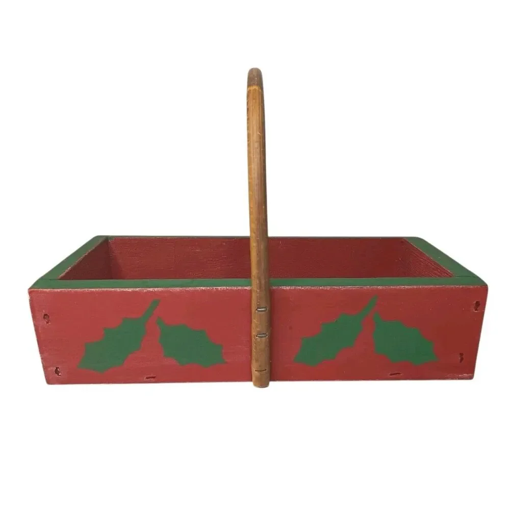 Wood Christmas Basket Red & Green Holly Leaves Design Rectangle With Handle